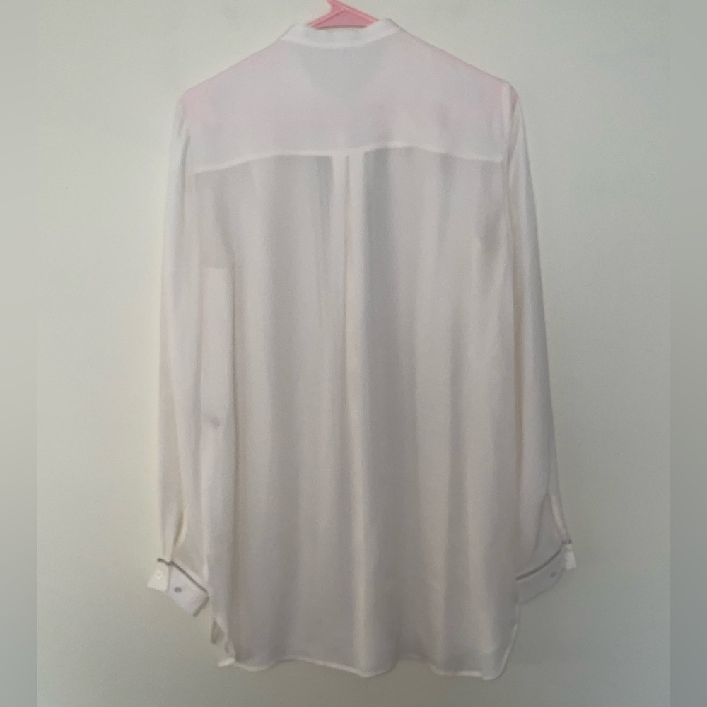 Elie Tahari Cream Long-Sleeve Pleated Silk Buttoned Tunic/Blouse with Navy Trim - Picture 8 of 13